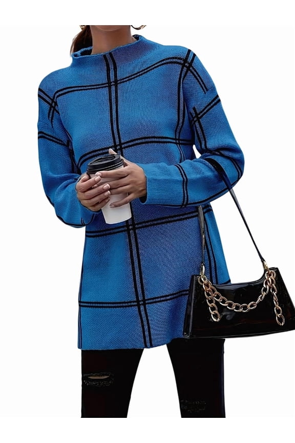 Checkered Knit Sweater for Women Fall Winter Casual Mock Neck Pullover Striped Sweaters Color Block Tops Royal Blue M