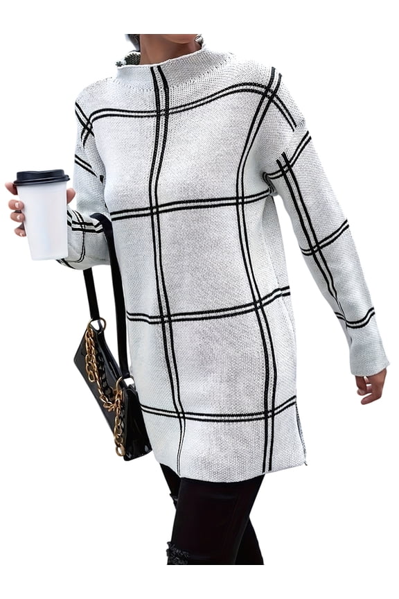 Checkered Knit Sweater for Women Fall Winter Casual Mock Neck Pullover Striped Sweaters Color Block Tops White L