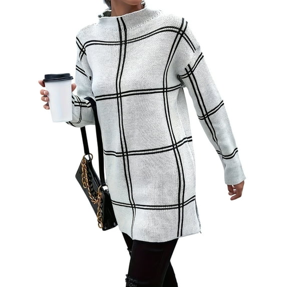 Checkered Knit Sweater for Women Fall Winter Casual Mock Neck Pullover Striped Sweaters Color Block Tops White M