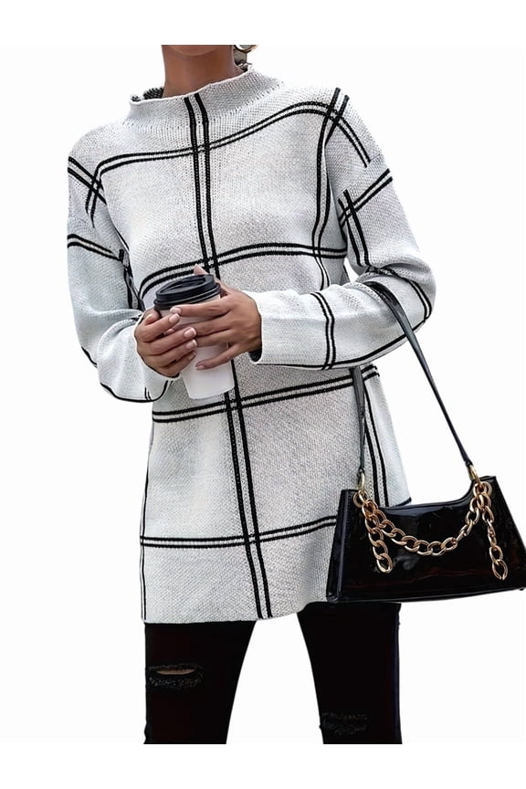 Checkered Knit Sweater for Women Fall Winter Casual Mock Neck Pullover Striped Sweaters Color Block Tops White XL