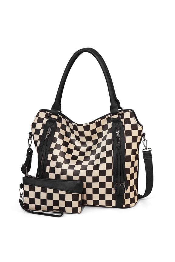 Duyijiff Checkered Large Hobo Purses for Women Vintage Tote Bag for Women Shoulder Bag Multiple Pockets Tote Handbag (Brown)