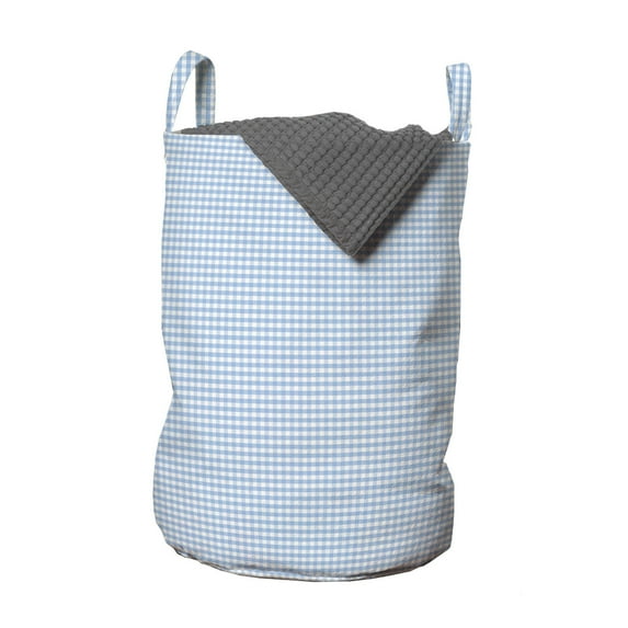 Checkered Laundry Bag, Little Squares and Stripes Pastel Color Gingham Repeating Rows Vintage Tile, Hamper Basket with Handles Drawstring Closure for Laundromats, 13" x 19", Light Blue, by Ambesonne