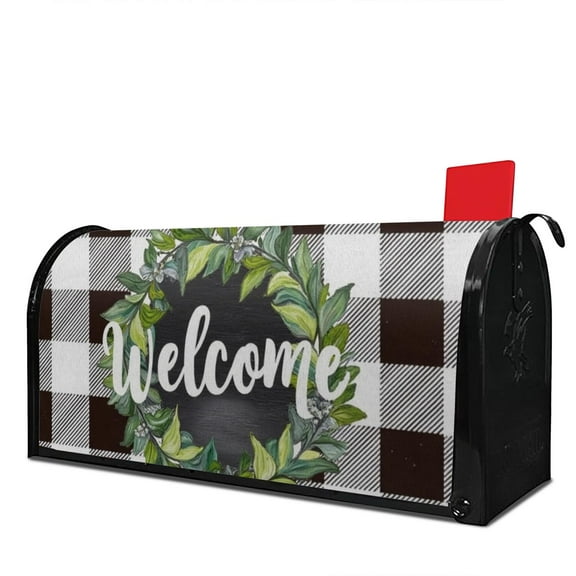 Checkered Leaf Wreath Mailbox Covers Magnetic Letter Box Wrap Standard Size 21x18 Inch Mailbox Decor Post Letter Box Decoration for Outdoor Garden Yard