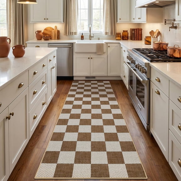 Checkered Light Brown 2x6 Washable Low-Pile Kitchen Runner Rug | Non-Slip Terracotta Brown Stain Resistant Rug for Kitchen Entryway Bedroom Bathroom Geometric Modern Rug TPE Backing