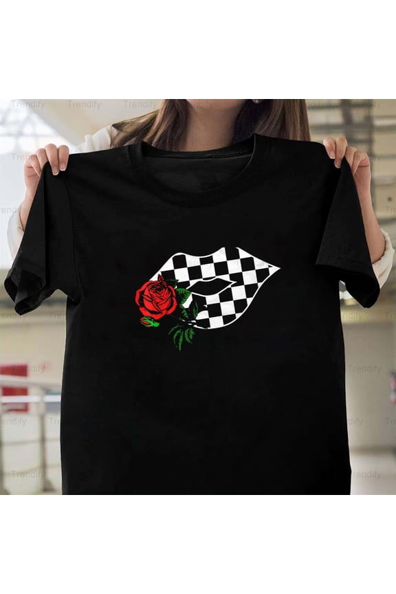 Checkered Lips Kiss Plaid Red Rose Flower Racing Girls Tee Unisex T-Shirt, up to size 5XL
