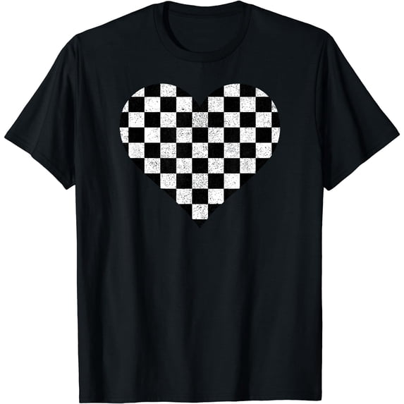 Checkered Love Heart Black And White Plaid Distressed Tshirt T-Shirt