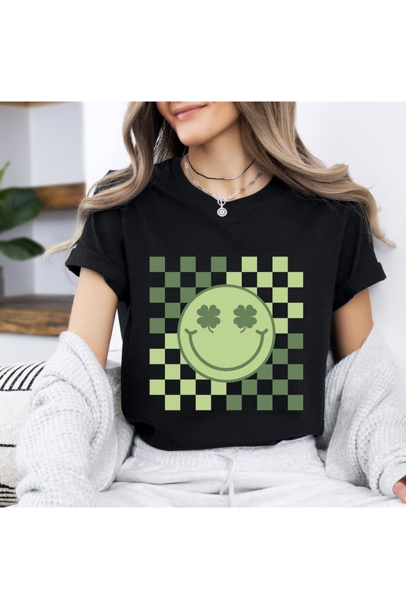 Checkered Lucky Face Unisex T-Shirt, Clover St. Patrick’s Day Graphic Tee, St. Patty’s Day Gift