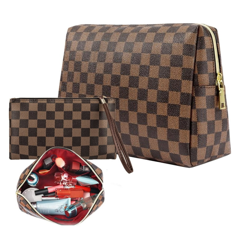 Checkered Makeup Bag 2Pcs Travel Cosmetic Bags Portable Toiletry Organizer  for Women Waterproof Leather Toiletries Bag Brown 