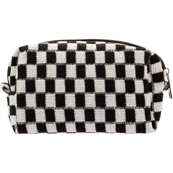 Checkered Makeup Bag for Purse Portable Zipper Make Up Pouch Small Cosmetic Case for Travel Accessories (Black)