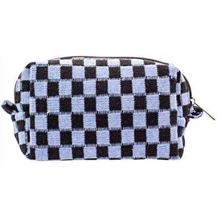 Checkered Makeup Bag for Purse Portable Zipper Make Up Pouch Small Cosmetic Case for Travel Accessories (Blue Black)