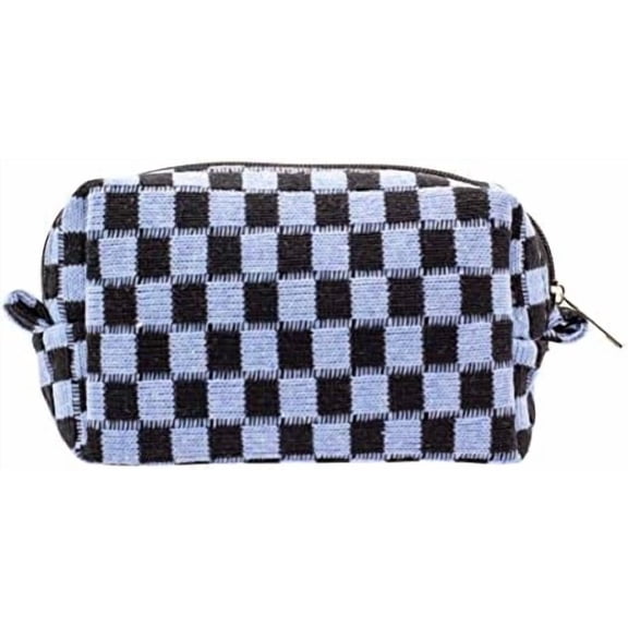 Checkered Makeup Bag for Purse Portable Zipper Make Up Pouch Small Cosmetic Case for Travel Accessories (Blue Black)