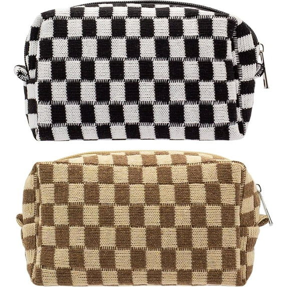 Checkered Makeup Bag for Purse Portable Zipper Make Up Pouch Small Cosmetic Case for Travel Accessories Pink White