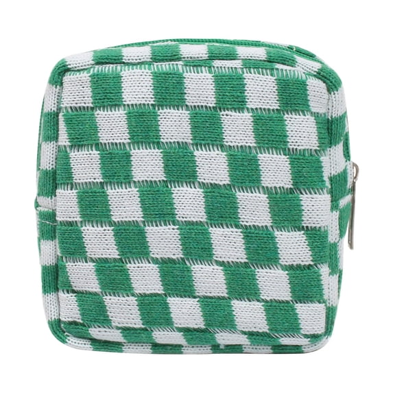 Checkered Makeup Bag for Purse Portable Zipper Make Up Pouch Small Knit Coin Purse for Travel Accessories (Green)