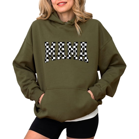 Checkered Mama Hoodie for Women Trendy Varsity Checkerboard Pullover, Army Green Hoodie, L