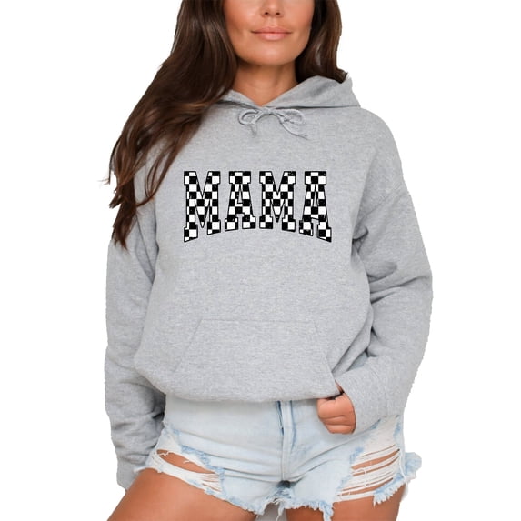 Checkered Mama Hoodie for Women Trendy Varsity Checkerboard Pullover, Gray Hoodie, S
