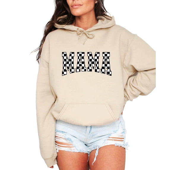 Checkered Mama Hoodie for Women Trendy Varsity Checkerboard Pullover, Sand Hoodie, M
