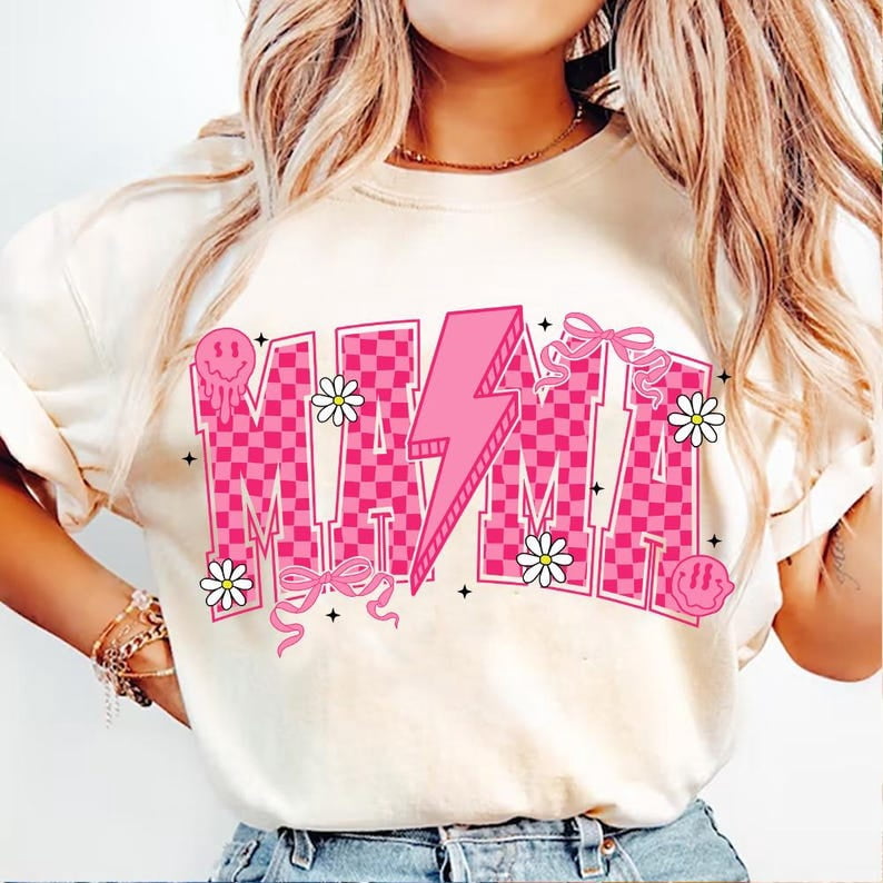 Checkered Mama Lightning Bolt T-Shirt, Pink Retro Mom Life Tee, Mother ...