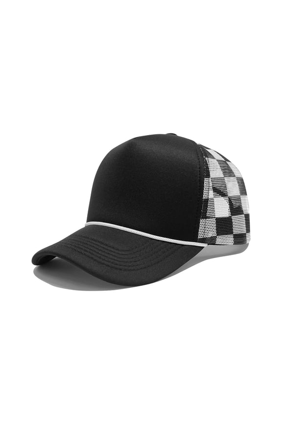 Checkered Mesh Trucker Hat - Breathable Baseball Cap with Cord for Sun Protection