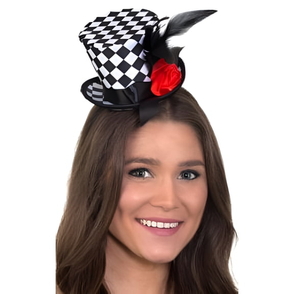 Checkered Mini Top Hat With Rose Fancy Cap Cosplay Adult Headband
