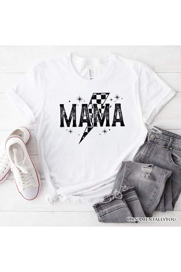 Checkered Lightning Bolt Mama Tee, Vintage Retro Black and White Tee for Energetic Moms