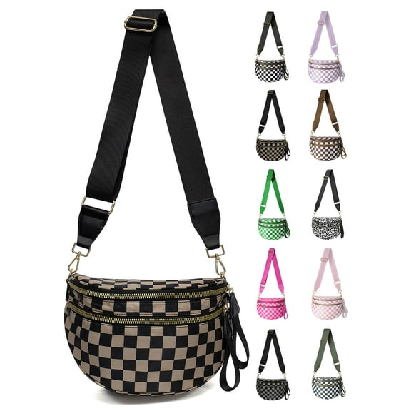 SkyAuks Checkered Nylon Crossbody Bag for Women, Spacious Checkered Bum Bag Purse Shoulder Bag Sling Bag with Shoulder Strap