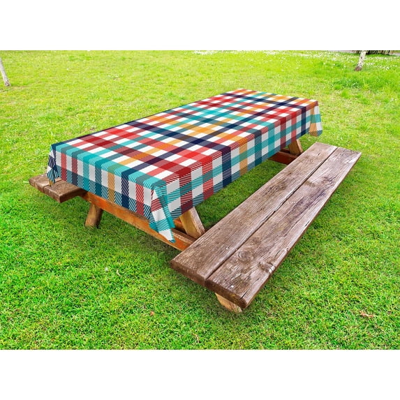 Checkered Outdoor Tablecloth, Colorful Fresh Summertime Pattern Design Gingham Plaid Striped Traditional Picnic, Decorative Washable Fabric Picnic Table Cloth, 58 X 84 Inches,Multicolor, by Ambesonne