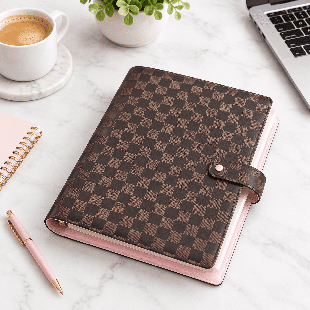 Notebok Ring Checkered PU Leather 3 Ring Binder Planner, Letter Size Daily & Hourly ...