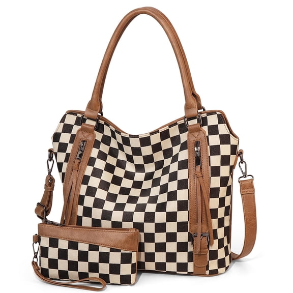 Checkered PU Tote Bag Large Checkered Purses for Women Plaid Hobo Shoulder Bag Multiple Pockets Tote Handbags