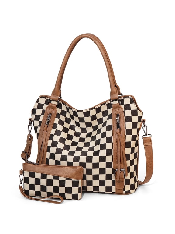 Checkered PU Tote Bag Large Checkered Purses for Women Plaid Hobo Shoulder Bag Multiple Pockets Tote Handbags