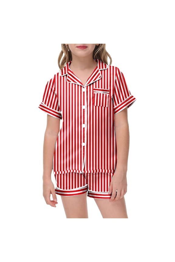 Checkered Pajamas Short Set Stripe Preppy Pajamas Silk and Stain Short Sleeve Easter Resurrection Sunday Sleepwear Trendy Fashion Loungewear SetWith Pockets #Red 10-11 Years
