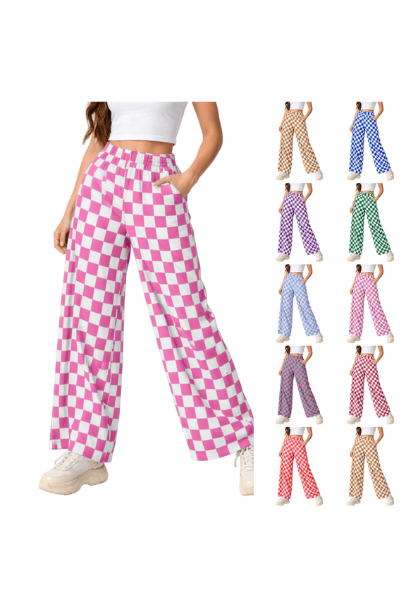 Checkered Pants Womens Casual Elastic Waist Comfy Loose Wide Leg Pants with Pockets Light pink XL