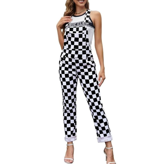 Checkered Pants Womens Overalls Denim Bib Coveralls Cute Stretch Jeans Jumpsuit