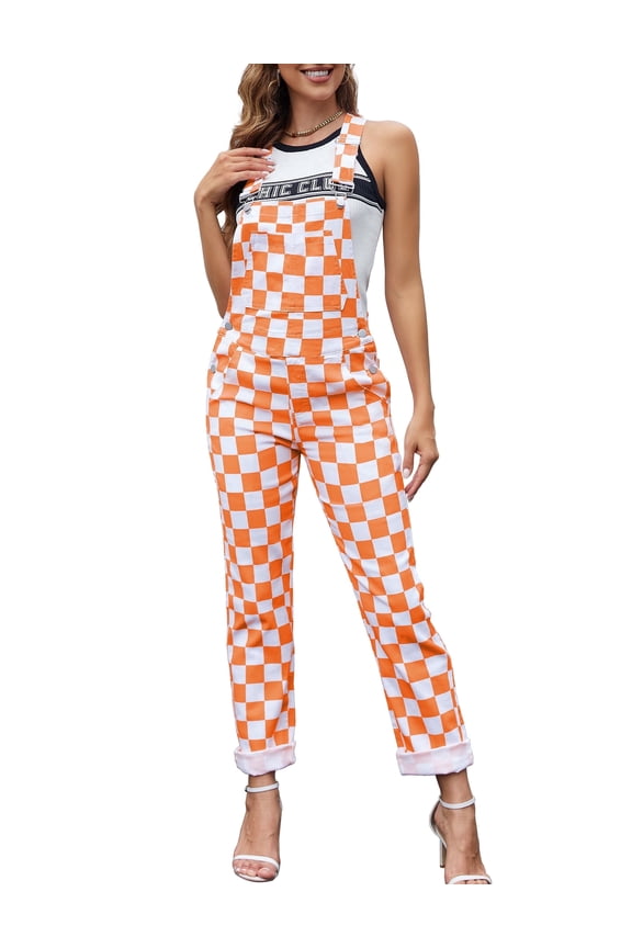 Checkered Pants Womens Overalls Denim Bib Coveralls Cute Stretch Jeans Jumpsuit