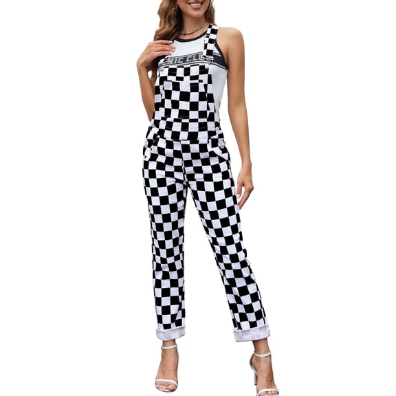 Checkered Pants Womens Overalls Denim Bib Coveralls Cute Stretch Jeans Jumpsuit(Black and White Checkered,L)