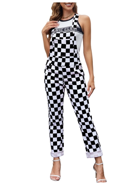 Checkered Pants Womens Overalls Denim Bib Coveralls Cute Stretch Jeans Jumpsuit(Black and White Checkered,L)