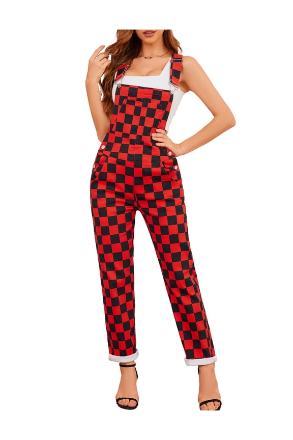 Checkered Pants Womens Overalls Denim Bib Coveralls Cute Stretch Jeans Jumpsuits(Buffalo Plaid,2XL)