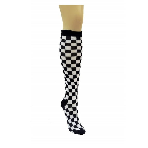 Checkered Pattern Knee High Socks (Adult Medium - Women's Shoe Sizes 5-10) Color: Black and White