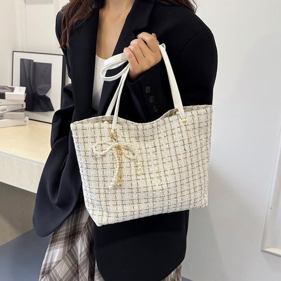 Checkered Pattern Shoulder Crossbody Handbag, Faux Leather Purse with Bow and Chain, Adjustable Strap Women's Casual Bag, Compact Practical Day Bag for Outings