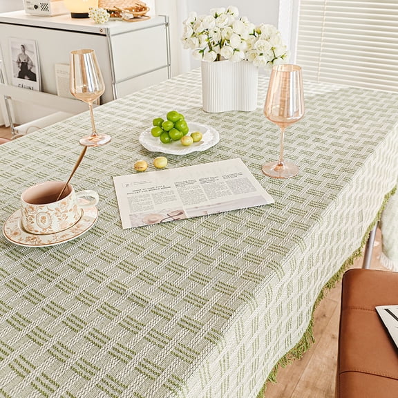 Checkered Pattern Tablecloth Rectangle, Green Knitting Fresh Table Cloths with Tassel for Picnic Camping Dining, 51 X 70Inch