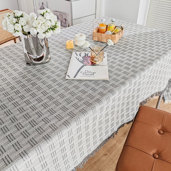 Checkered Pattern Tablecloth Rectangle, Grey Knitting Fresh Table Cloths with Tassel for Picnic Camping Dining, 70 X 70Inch