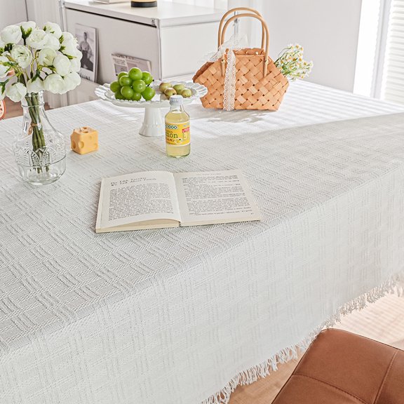 Checkered Pattern Tablecloth Rectangle, Moon White Knitting Fresh Table Cloths with Tassel for Picnic Camping Dining, 51 X 70Inch