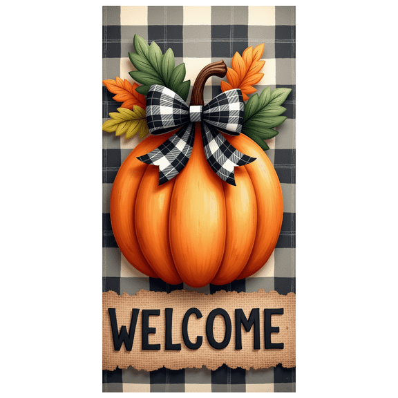 Checkered Pattern Welcome Banner Autumn Pumpkin Fall Leaves for Thanksgiving Party Home Decoration Seasonal Events