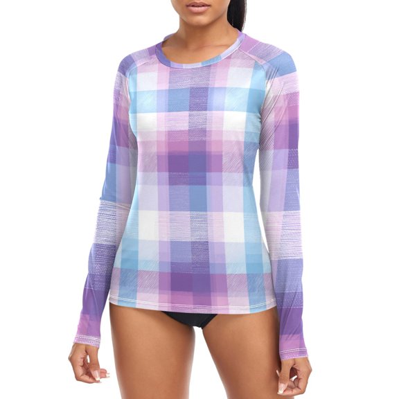 Checkered Pattern with Blue and Purple Women's Rash Guard Shirts UPF 50+ Sun Protection Clothing Long Sleeve Swim Suits M