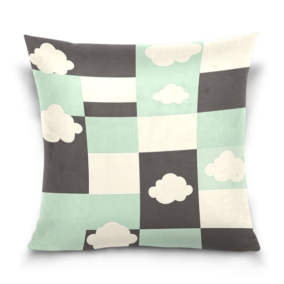 Checkered Pattern with Clouds 16x16 Inch Plush Velvet Pillowcase Double Sided Print, Hidden Zipper
