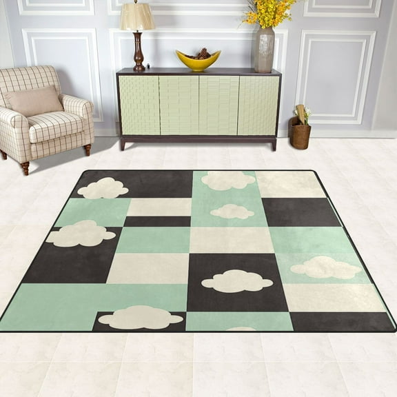 Checkered Pattern with Clouds 63''x48'' Plush Memory Foam Bath Mat, Soft, Absorbent, Non Slip, Durable