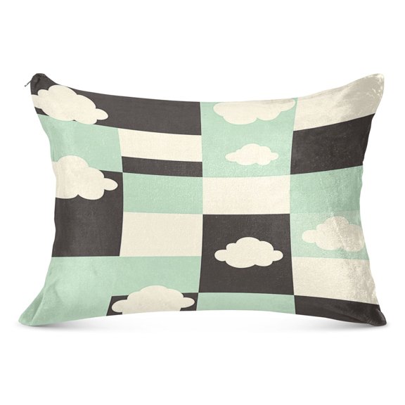 Checkered Pattern with Clouds Soft Plush Pillow Cover, Zippered Design, Comfortable for Bedroom and Sofa
