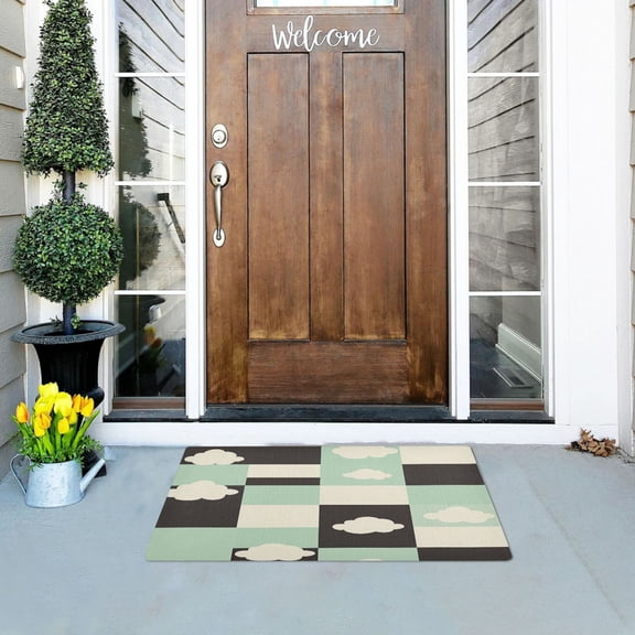 Checkered Pattern with Clouds Versatile Absorbent Door Mat, Non-Slip, Easy to Clean 32''x20''