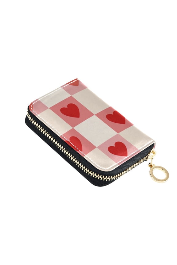 Checkered Pattern with Heart Valentine Women's Credit Card Holder PU Leather Zipper Wallet RFID Blocking