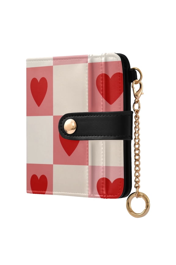 Checkered Pattern with Heart Valentine Women's Wallet PU Leather Card Cases RFID Blocking Purse Billfold with Key Ring