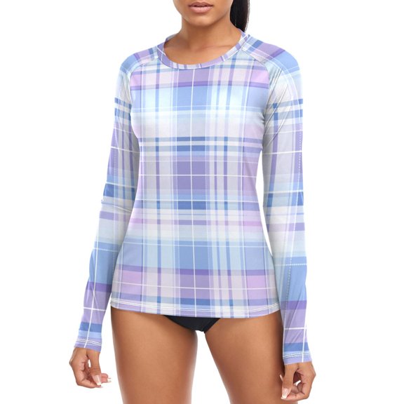 Checkered Pattern with Lavender and Blue Women's Rash Guard Shirts UPF 50+ Sun Protection Clothing Long Sleeve Swim Suits XS
